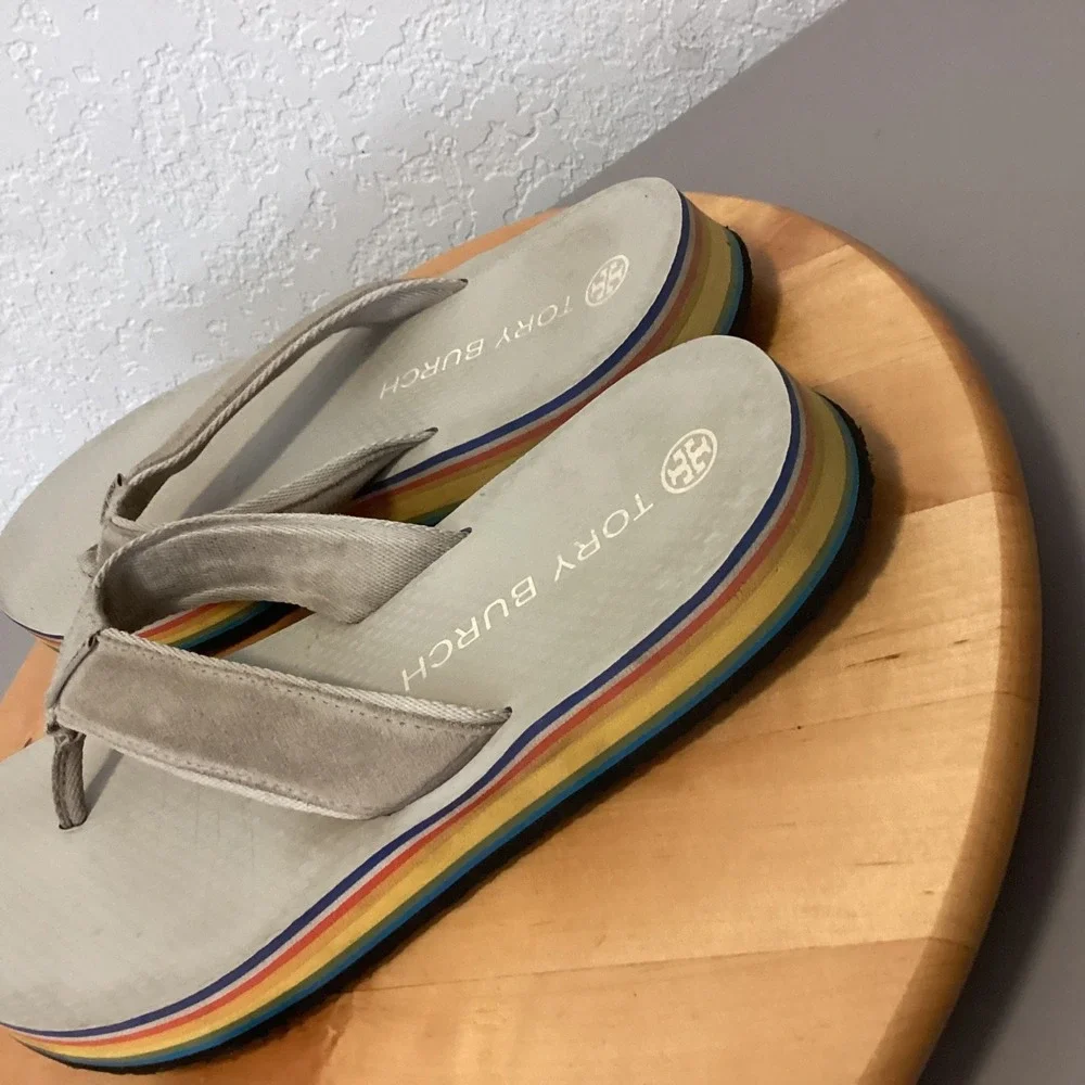 Tory Burch 70s Low Platform Flip‎ Flops Womens 10 Tan Rainbow Stripe S Flatform